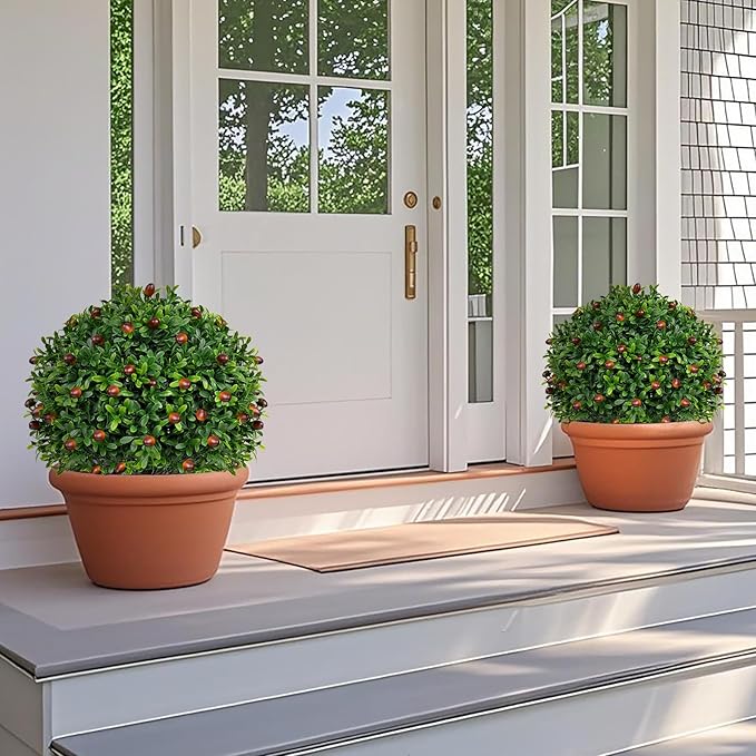 Artificial Boxwood Topiary Tree with Olive, Set of 2 Artificial Shrub Bushes with Ground Spike, Fake Evergreen Tree for Porch, Artificial Plants for Outdoor Planters Indoor UV Resistant