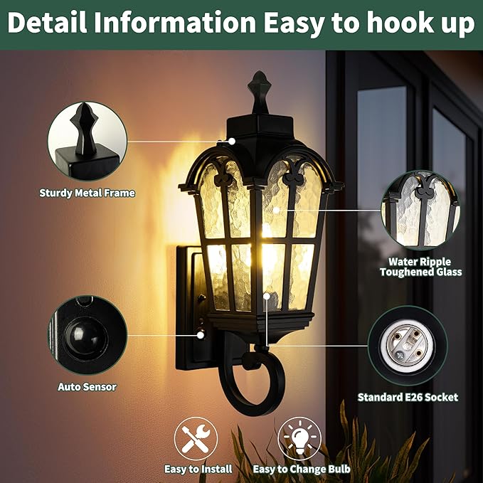 Motion Sensor Dawn to Dusk Outdoor Sensor Light Fixture Waterproof Porch Lights Anti-Rust Exterior Lighting Outdoor Wall Lantern Outside Wall Light for Patio Front Door Garden Garage