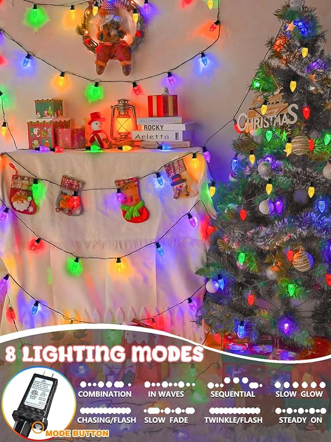 2-Pack Connectable C9 Christmas Lights Outdoor Indoor, 66 FT 100 LED Christmas String Lights Plug in with 8 Modes & Timer, Waterproof Fairy Twinkle Light for Xmas Tree Yard Decorations (Multi-colored)
