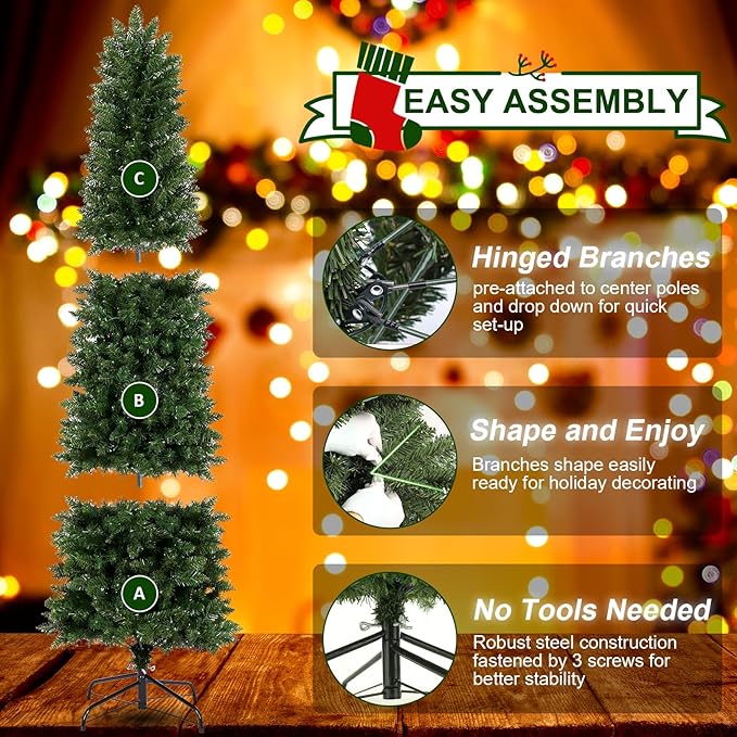 Himimi Pre-lit Christmas Artificial Tree Slim Pencil Tree Space Saving, 6ft Skinny Christmas Trees with Multi Colored Lights, Foldable Metal Stand