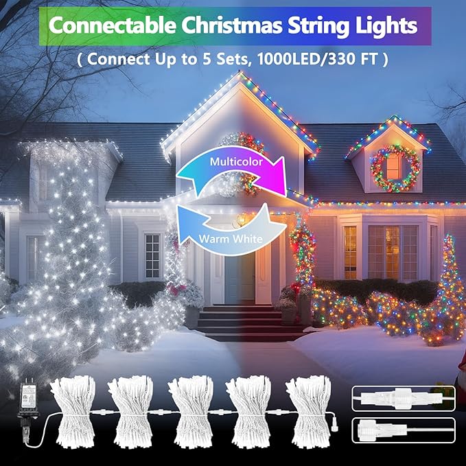 Cool White to Multicolor Color Changing 200 LED 66FT Connectable Christmas String Lights for Outdoor Indoor, 11 Modes Christmas Tree Clear Wire Fairy Waterproof Lights with Memory & Remote & Timer