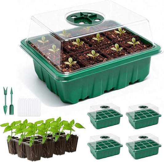 5 Packs Seed Starter Tray with Humidity Dome, Seed Starter Kit with Transparent Drain Hole Base Indoor Greenhouse Mini Propagator for Seeds Growing Starting(60 Cell Trays, Green)
