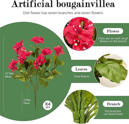4 Pcs Artificial Flowers Bougainvillea Outdoor Artificial Plants Faux Flowers with Stems Silk Flowers for Wedding Porch Living Garden Decor(4PCS,Rose Red)
