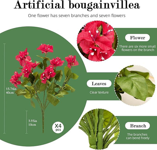 4 Pcs Artificial Flowers Bougainvillea Outdoor Artificial Plants Faux Flowers with Stems Silk Flowers for Wedding Porch Living Garden Decor(4PCS,Rose Red)