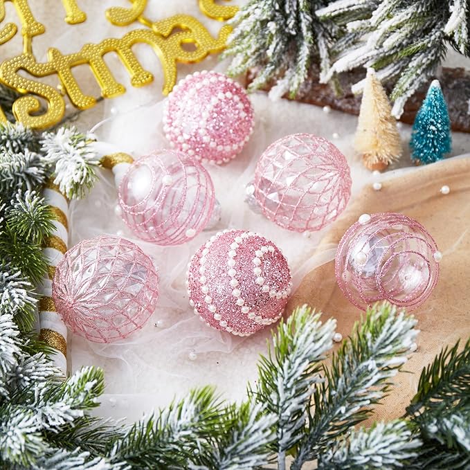 12CT Christmas Ball Ornaments Pink Shatterproof Clear Large Plastic Christmas Tree Decoration, Delicate Hanging Ornaments for Xmas Party, Wedding, Holiday and Home Décor(70mm/2.76")