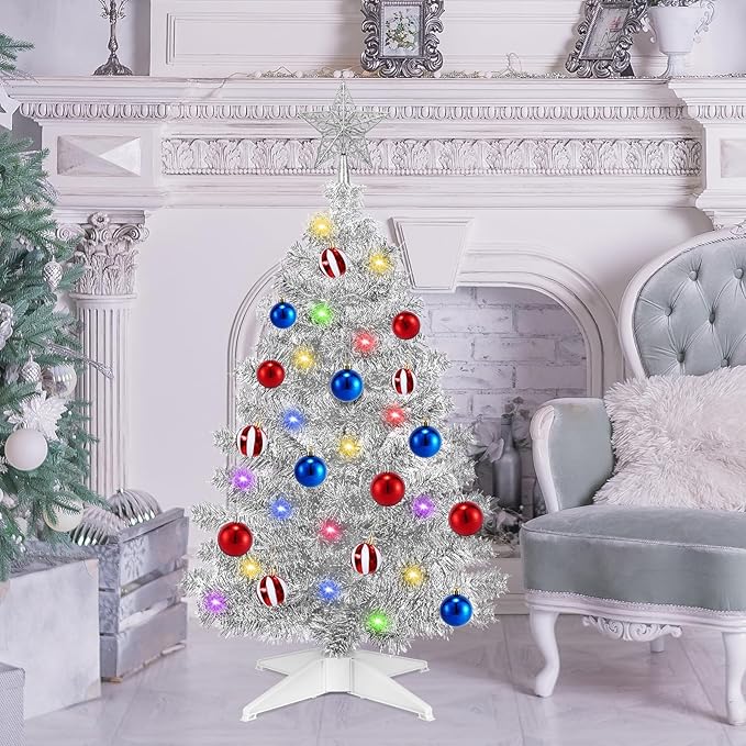 [ Timer & 12 Modes ] 3 Ft Sliver Christmas Tree with DIY 50 Warm White & Multi Color Lights 15 Ball Ornaments 3D Star Remote Control Battery Operated Pencil Full Tree Xmas Christmas Decorations Table