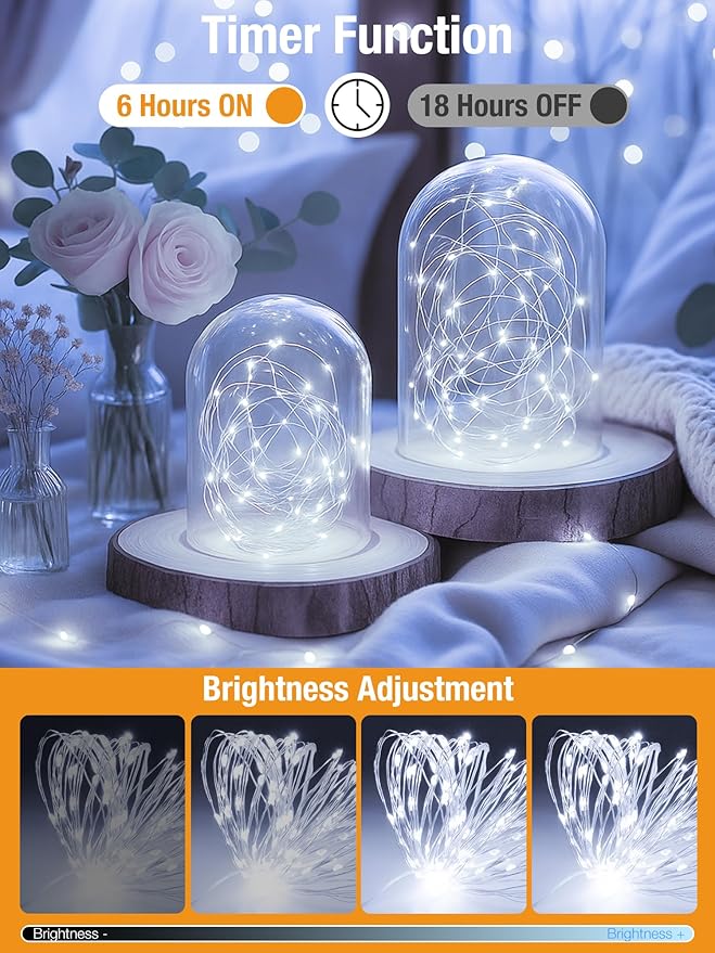 btfarm Fairy Lights Battery Operated with Timer 8 Modes, 16.4 FT 50 LED Silver Wire Twinkle String Lights Battery Powered Dimmable Waterproof for Indoor Home Party Wedding Christmas Decor, Cool White