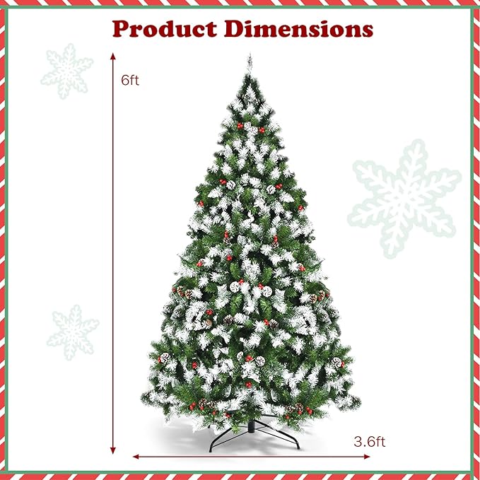 Happygrill 6ft Pre-lit Snowy Christmas Tree Pre-Strung Xmas Decoration Tree with 250 Warm White LED Lights & 818 PVC Tips, 8 Lighting Modes, Hinged Artificial Tree for Residential Commercial Use