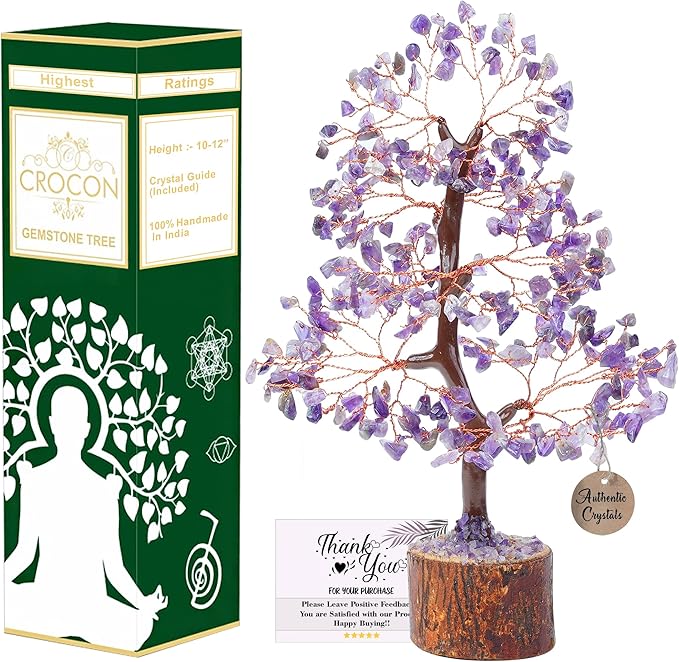 Crocon Amethyst Gemstone Tree Feng Shui Figurine Money Bonsai Chakra Balancing Good Luck Reiki Healing Crystals Decoration Ornament Sculpture Prosperity Table Decor Gift Size 10-12"""