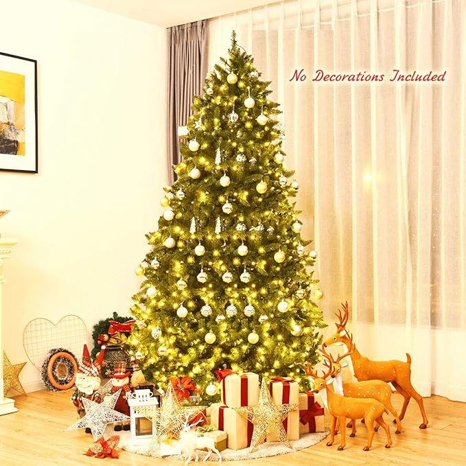 Goplus 7.5ft Prelit Christmas Tree, Premium Hinged Artificial Fir Tree, with LED Lights and Metal Stand, Easy Assemble, Xmas Decor for Home