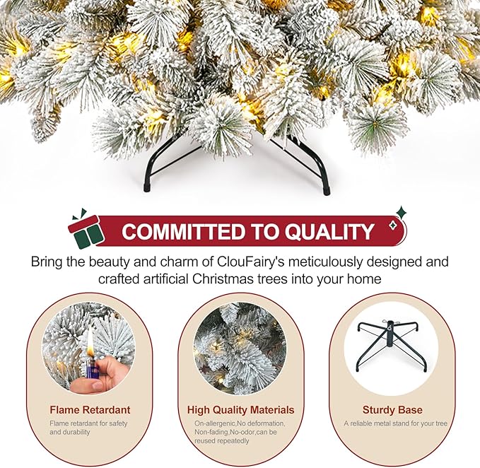 Flocked Christmas Tree 7ft, Premium Prelit Christmas Tree - Trees with Lights-White Snow Flocked Pre-lit Trees