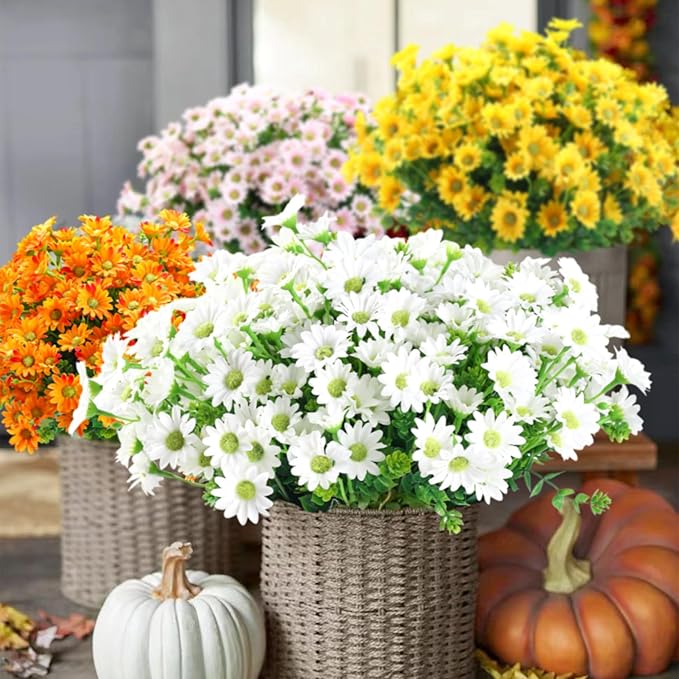 10pcs Outdoors Artificial Mum Flowers UV Resistant Daisy Fake Silk Chrysanthemum Greenery Faux Eucalyptus Plants for Spring Summer Garden Patio Window Box Planter Home Decor(White)