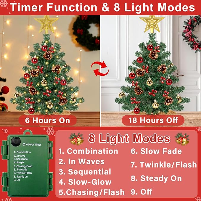 [ 8 Modes & Timer] 24 Inch Small Tabletop Christmas Tree with 50 Warm White Lights Star Treetop and Ornaments Artificial Mini Christmas Tree Indoor Home Table Christmas Decorations