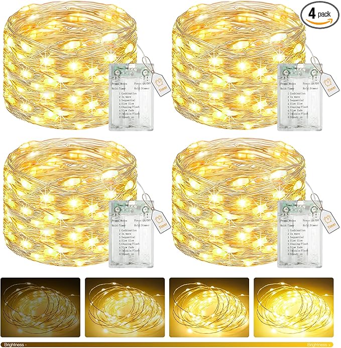 btfarm 4 Pack Fairy Lights Battery Operated with Timer, 16.4 FT 50 LED Silver Wire Twinkle String Lights 8 Modes Dimmable Waterproof for Indoor Christmas Bedroom Wedding Decorations, Warm White