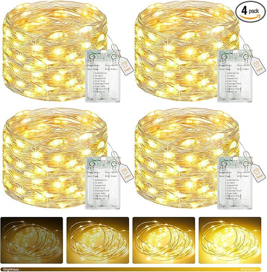 btfarm 4 Pack Fairy Lights Battery Operated with Timer, 16.4 FT 50 LED Silver Wire Twinkle String Lights 8 Modes Dimmable Waterproof for Indoor Christmas Bedroom Wedding Decorations, Warm White