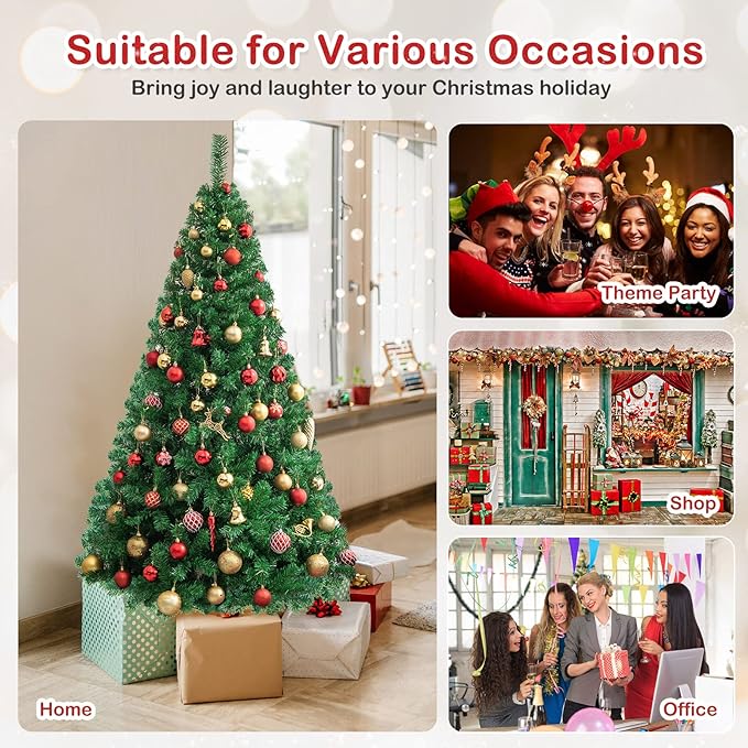 HAPPYGRILL 6FT Artificial Christmas Tree, Luxuriant Verdant Realistic Xmas Tree with 650 PVC Branch Tips & Folding Metal Stand, Unlit Pine Tree for Festival Parties Decoration