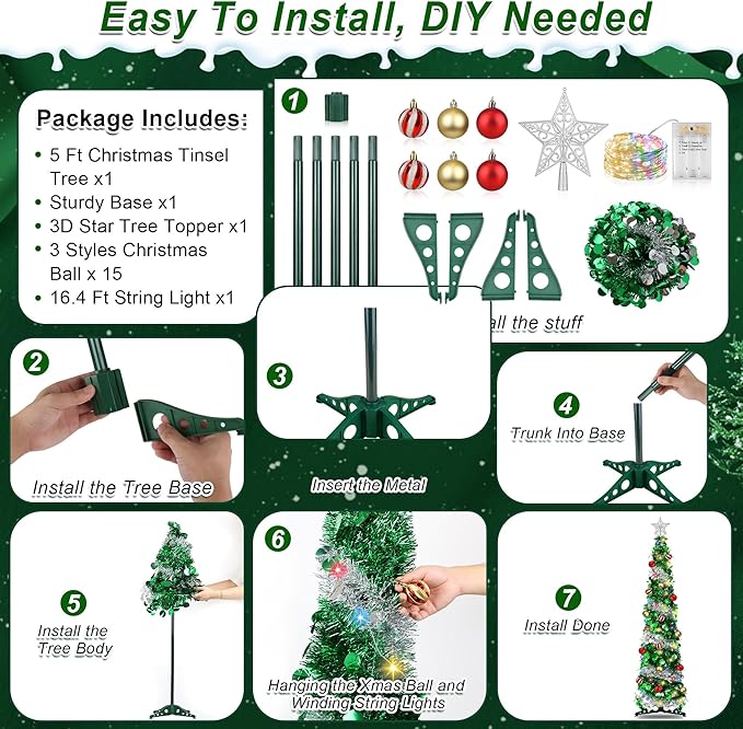 5FT Pop Up Christmas Tree with Timer 60 Warm White & Multi Color Fairy Light 3D Star 15 Ball Ornament, Green Sliver Tinsel Christmas Tree Slim Pencil Xmas Tree Home Office Holiday Decor Indoor Outdoor