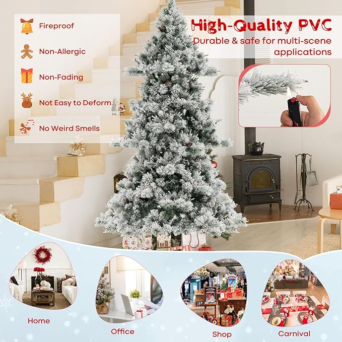 HAPPYGRILL 7 FT Pre-Lit Christmas Tree, Flocked Xmas Tree with Pine Needles, 1057 Branch Tips, 420 Warm White LED Lights & 62 Pine Cones, Hinged Xmas Tree with 2 Pairs of Gloves
