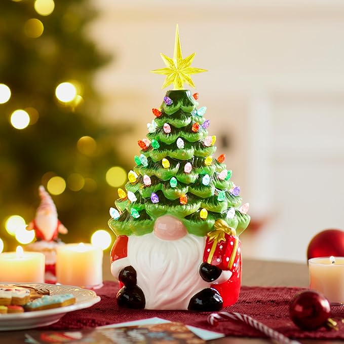 JOIEDOMI 12” Gnome Ceramic Tree, Light up Tabletop Xmas Decor with 60 LED Lights, Ceramic Tree with Christmas Themed Design, Xmas Holiday Indoor Office Table Fireplace Decoration