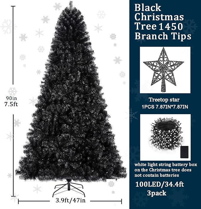 KTKDE 7.5ft Black Christmas Tree Artificial Halloween Tree Decorations with 1,450 Tips-1pcs Treetop Star 3 Set 300 Led String Lights, Pencil Christmas Tree Indoor Holiday Party Decorations