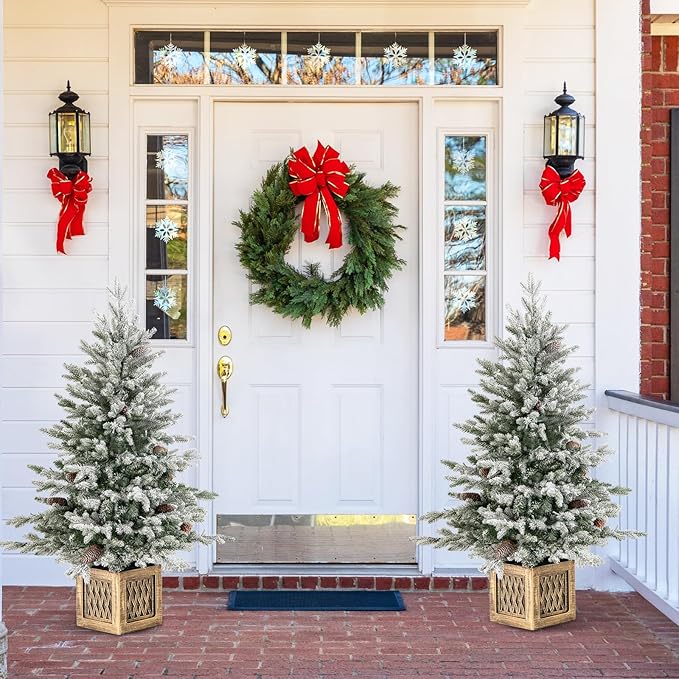 HAPPYGRILL 4 FT Pre-Lit Artificial Christmas Tree Flocked Xmas Tree with 231 PE PVC Branch Tips, 15 Natural Pine Cones, 100 Warm White LED Lights & Vintage Base, Decoration Tree for Party & Carnival