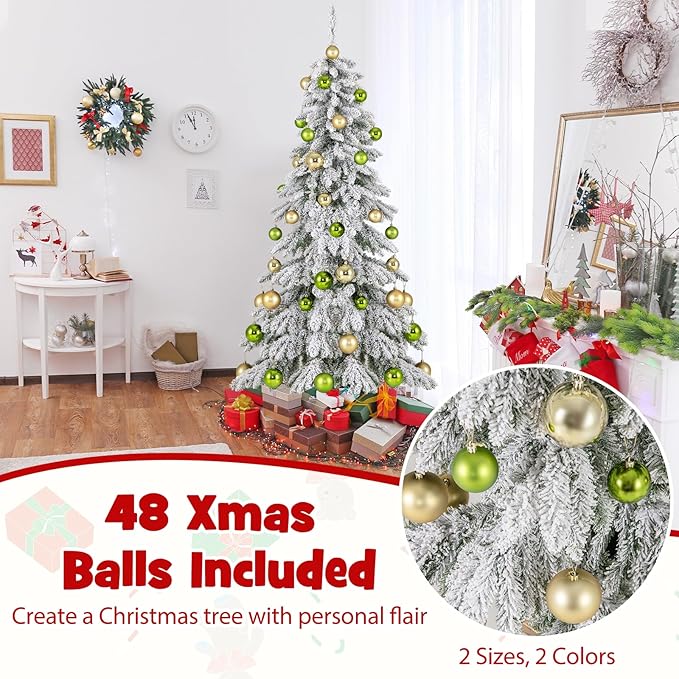 HAPPYGRILL 6 FT Unlit Artificial Christmas Tree Set of 2, Hinged Xmas Tree with 589 Flocked Branch Tips, 48 Xmas Balls, Vintage Cement-Filled Flowerpot & Gloves, Potted Decoration Tree