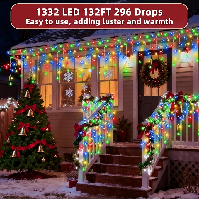 1332 LED 132ft Christmas Lights with 296 Drops, 12 Lighting Modes Multicolor Christmas Decoration Twinkling Lights Dimmable, Timer Outdoor Waterproof Fairy Lights for Indoor Garden House Eaves Roof
