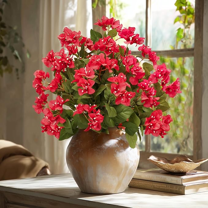 4 Pcs Artificial Flowers Bougainvillea Outdoor Artificial Plants Faux Flowers with Stems Silk Flowers for Wedding Porch Living Garden Decor(4PCS,Red)