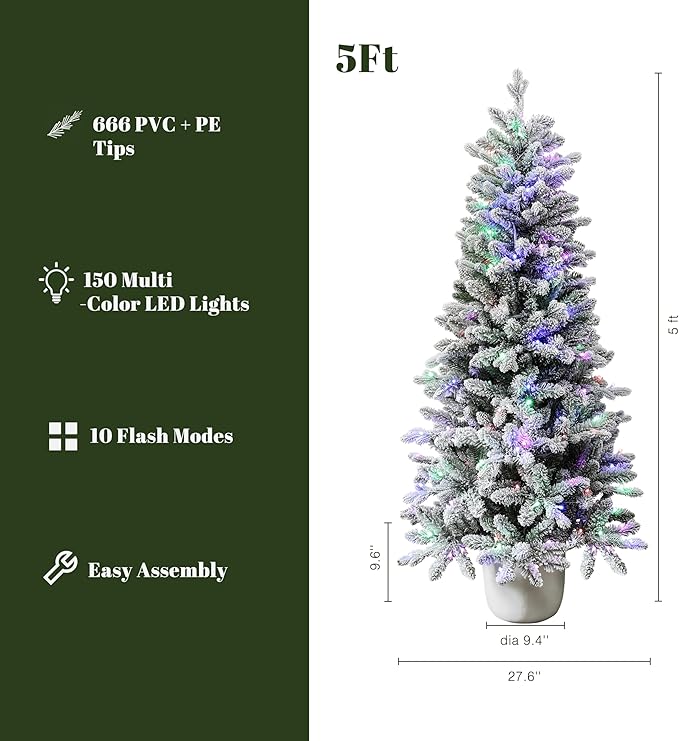 LuxenHome 5FT Small Potted Christmas Tree, 10 Flash Modes Flocked Christmas Tree with Pot, Artificial Xmas Trees with 150 Multi-Color LED Lights, Lighted Pine Trees for Indoor, Outdoor Holiday Display