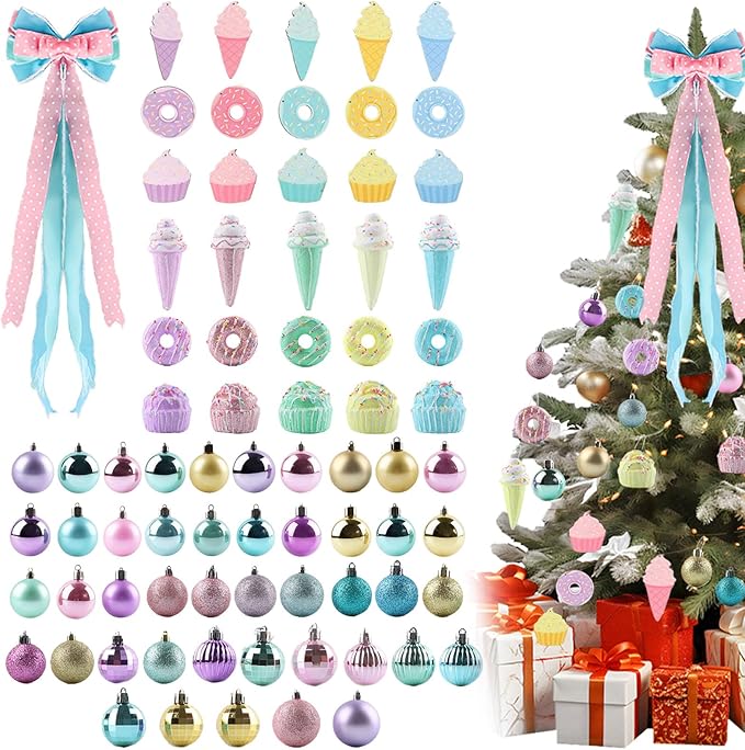 Christmas Tree Decorations Set,Christmas Ball Ornaments Glittering Plastic Hanging Decorations Elf Balls,Large Tree Topper Wreath Bow,Candy Peppermint Wood Ornaments (Macron)