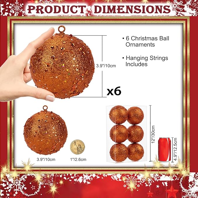 4" Large Christmas Balls Ornaments 6 Pcs Shatterproof Big Orange Christmas Ornaments for Tree Bulk Glitter Big Xmas Tree Ornament for Xmas Halloween Holiday Wedding Party Decoration