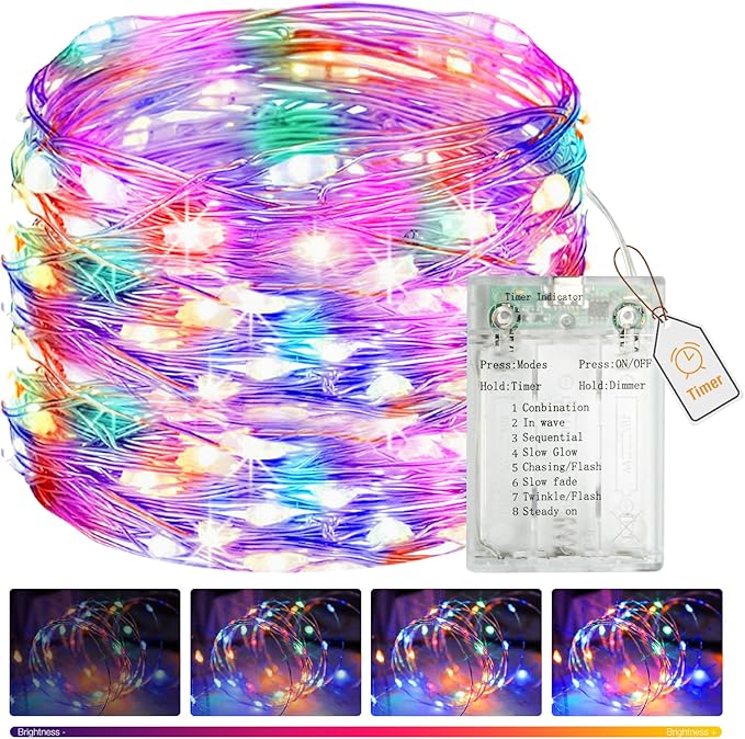 btfarm Fairy Lights Battery Operated with Timer 8 Modes, 16.4 FT 50 LED Silver Wire Twinkle String Lights Battery Powered Dimmable Waterproof for Indoor Home Party Wedding Christmas Decor, Multicolor