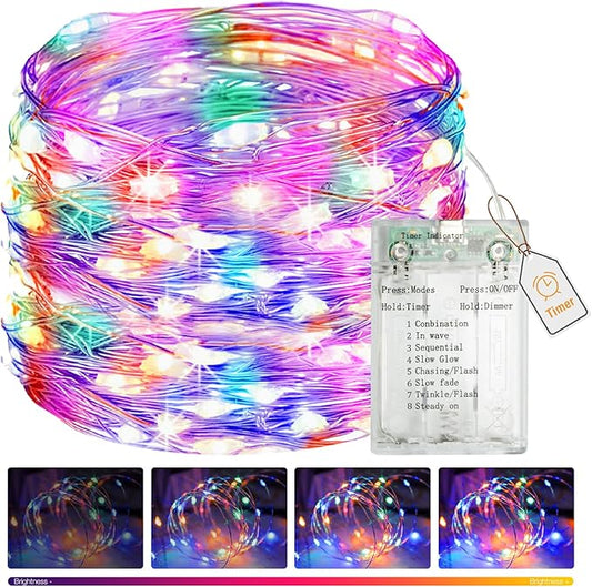 btfarm Fairy Lights Battery Operated with Timer 8 Modes, 16.4 FT 50 LED Silver Wire Twinkle String Lights Battery Powered Dimmable Waterproof for Indoor Home Party Wedding Christmas Decor, Multicolor