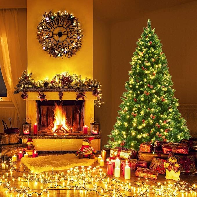 Happygrill 6.5FT Pre-Lit Christmas Tree with Sturdy Metal Stand Artificial Xmas Tree with Pine Cones and Red Berries