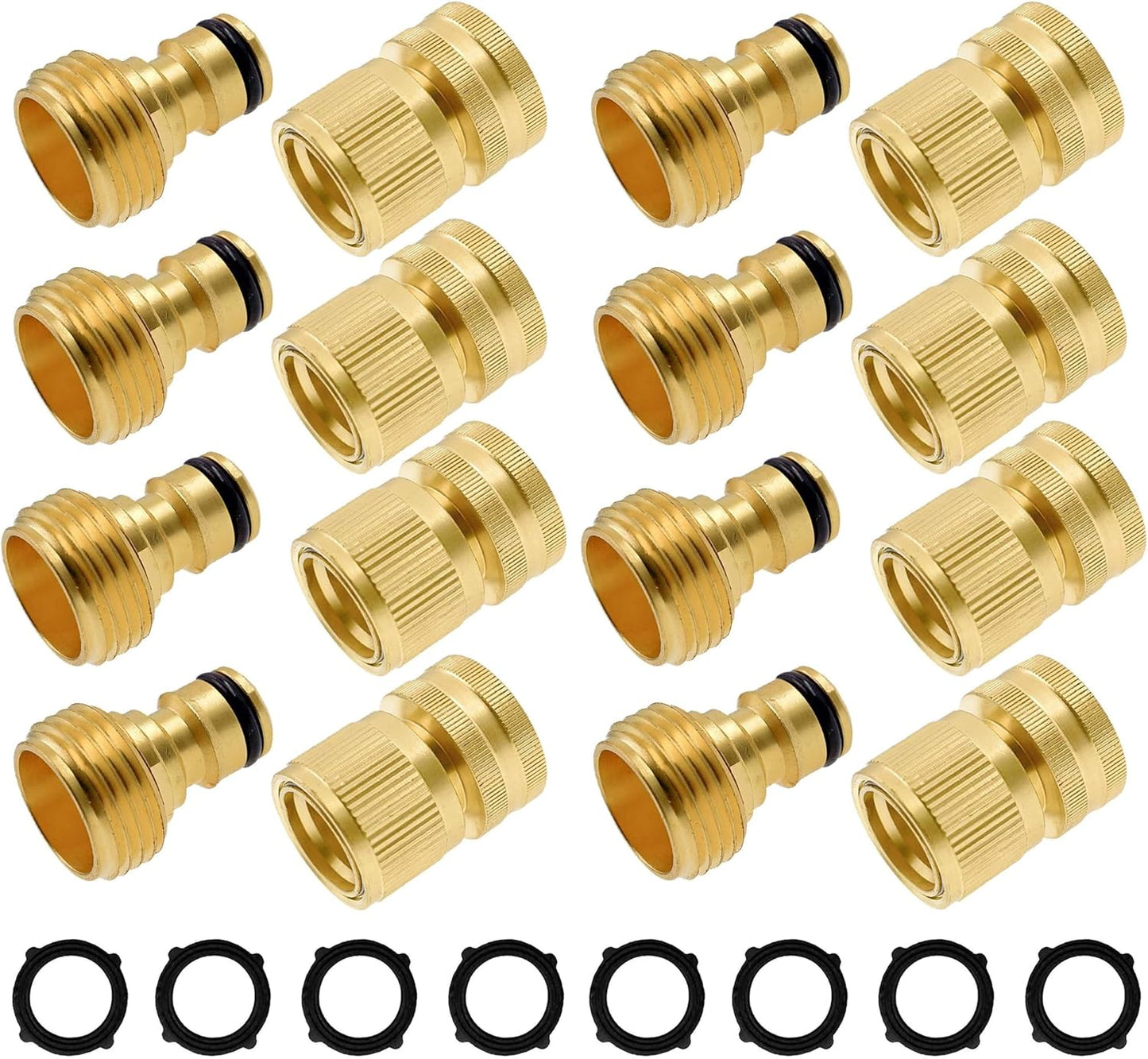 Hourleey Garden Hose Quick Connector, Solid Brass 3/4 Inch GHT Thread Garden Quick Connect Kit, Male and Female No-Leak Water Hose Fittings (8 Set)