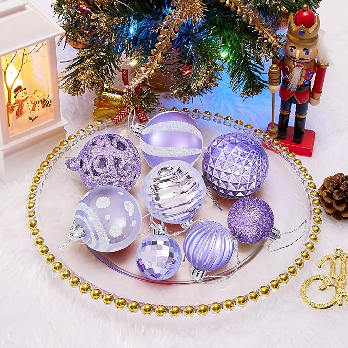 100PCS Christmas Ball Ornaments, Assorted Shatterproof Christmas Tree Decorations, Seasonal Decorative Hanging Baubles Decor Set for Xmas/Holiday/Party, Glitter&Painting Ornament Set (Lavender Purple)