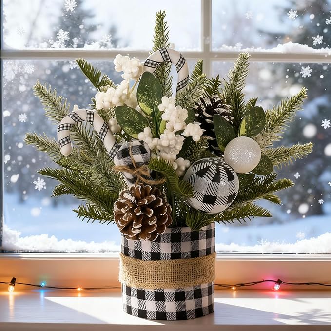 Small Christmas Tree for Tabletop, Artificial Mini Christmas Tree Decorations with White Berry Pine Cone Pine Picks, Xmas Ornaments Indoor Home Holiday Decor (Black)