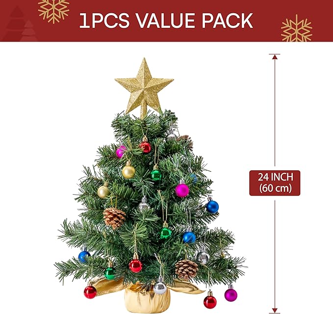 Joiedomi 24"/2FT Tabletop Mini Christmas Tree Pre lit with Warm Lights, Holly Berries, Pine Cones and Ornaments for Indoor Artificial Mini Xmas Tree Holiday Season Decorations (Gold)