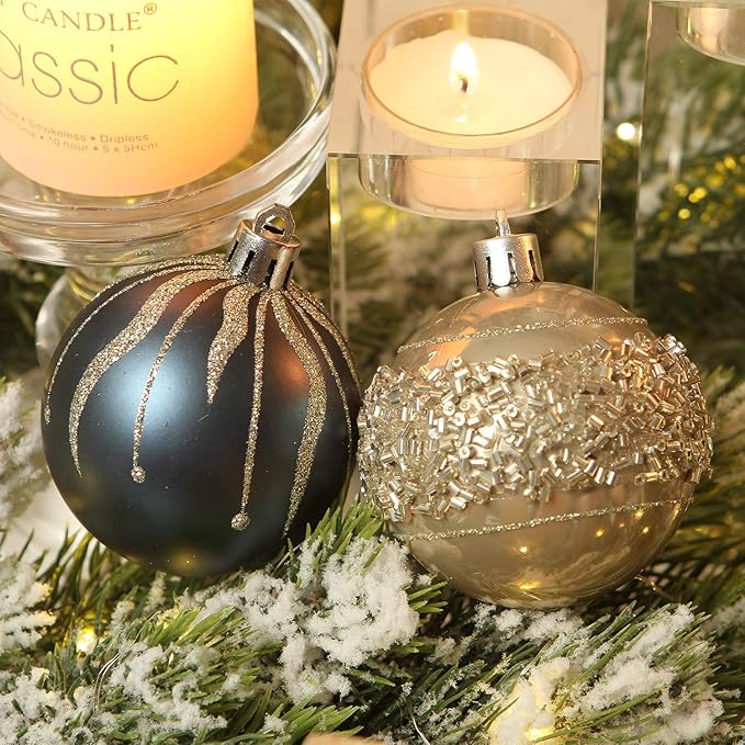 Sea Team 60mm/2.36" Delicate Contrast Color Theme Painting & Glittering Christmas Tree Pendants Decorative Hanging Christmas Baubles Balls Ornaments Set - (Stone Blue & Silver Grey), Pack of 30