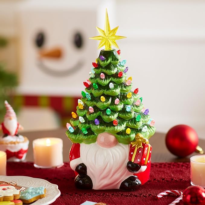 JOIEDOMI 12” Gnome Ceramic Tree, Light up Tabletop Xmas Decor with 60 LED Lights, Ceramic Tree with Christmas Themed Design, Xmas Holiday Indoor Office Table Fireplace Decoration