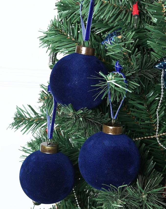 12 Pcs Velvet Christmas Balls Bulk Shatterproof Plastic Christmas Tree Decorations for Decorative Hanging Baubles (12, Navy Blue, 2.36Inch)
