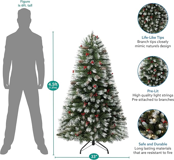 Naomi Home 4.5ft Vancouver Pre-Lit Artificial Christmas Tree with Pine Cones, Faux Berries, Foot Pedal, 398 Branch Tips, 200 Warm Lights and Metal Stand, 33" wide