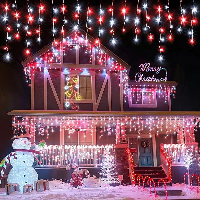 Icicle Christmas Lights Outdoor 33ft 400 LED Icicle Lights for Outside 8 Modes with 75 Drops, Waterproof Hanging Christmas Light Plug in for Indoor Outside Party Holiday Xmas Decorations, Red&White