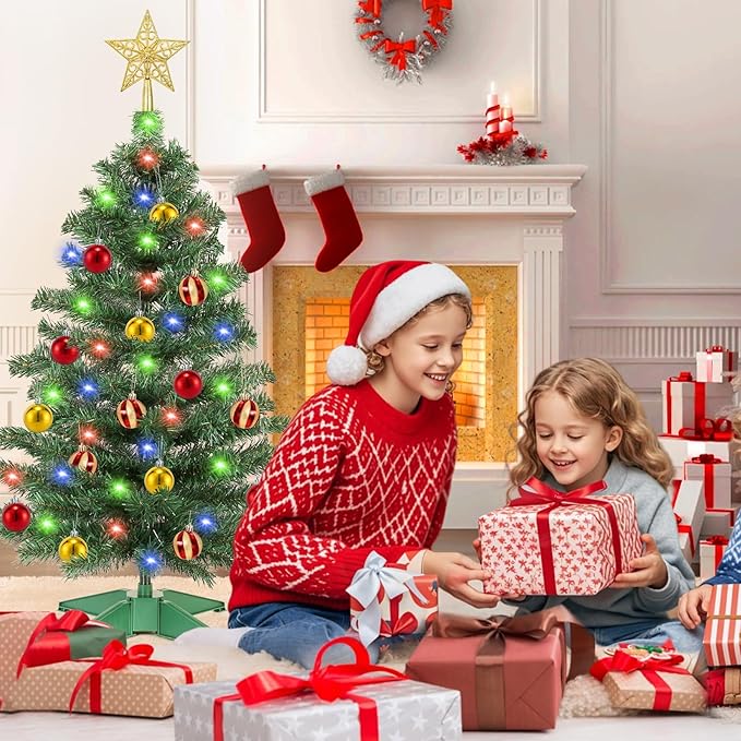 [ 12 Modes & Timer ] 3 Ft Green Small Christmas Tree with 50 LED Lights, 15 Ball Ornaments 3D Star Battery Operated Prelit Christmas Tree Indoor Home Fireplace Holiday Xmas Christmas Decorations