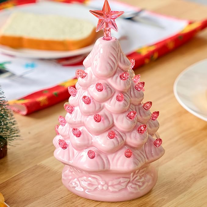 Joiedomi 7" Pink Ceramic Christmas Tree, Mini Prelit Tabletop Christmas Ceramic Tree with Extra Clear Top Star & Bulbs for Holiday Decoration Small Xmas Holiday Best Desk Tabletop Decoration (Pink)