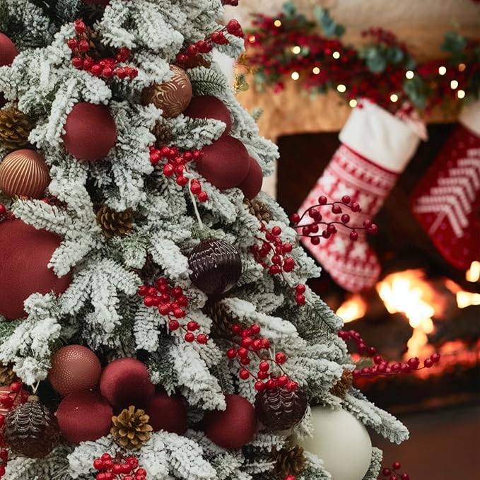 4PCS Red Velvet Christmas Ornaments Set – 6 Inch Large Flocked Shatterproof Baubles for Xmas Tree Decoration, Hanging Ornaments for Holiday & Home Décor (Burgundy Red, 6 Inch / 15 cm)