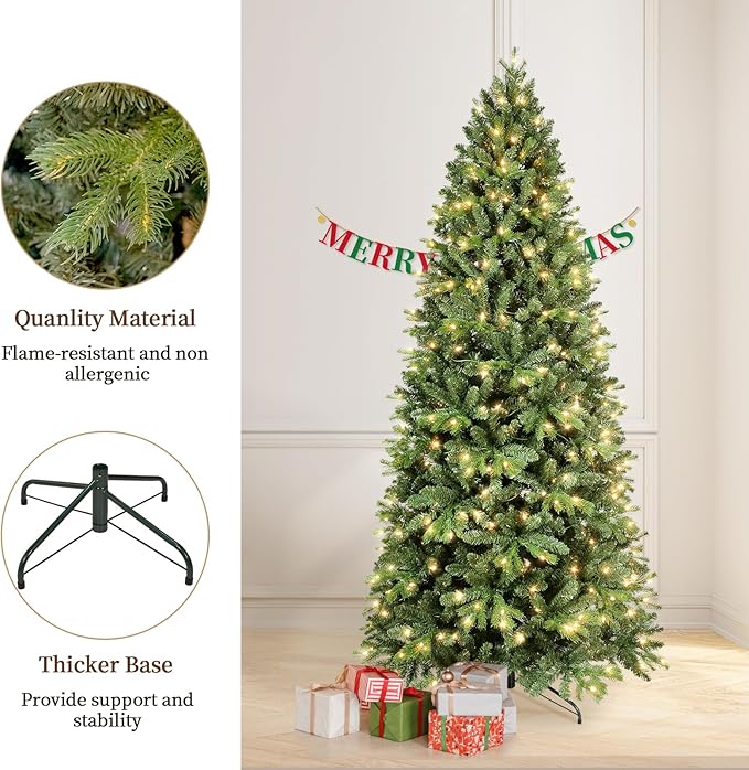 Prelit Artificial Christmas Tree 7ft,Green Spruce Christmas Tree Prelit with 400 Lights, 1318 Branches Tips Easy to Assemble for Home Holiday Outdoor Decorations