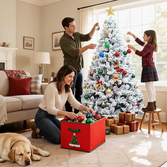 Beyond 7FT Snow Flocked Artificial Full Christmas Tree, Hinged Spruce Christmas Tree with 1300 Branch Tips, Xmas Tree with Metal Stand for Home, Party Decoration, White