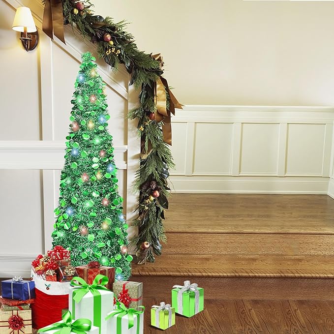 5 FT Pencil Christmas Tree, Collapsible Artificial Sequin Pop Up Christmas Tree, Skinny Pencil Tinsel Christmas Trees, Xmas Tree for Home Apartment Basement Fireplace (Pure Green)