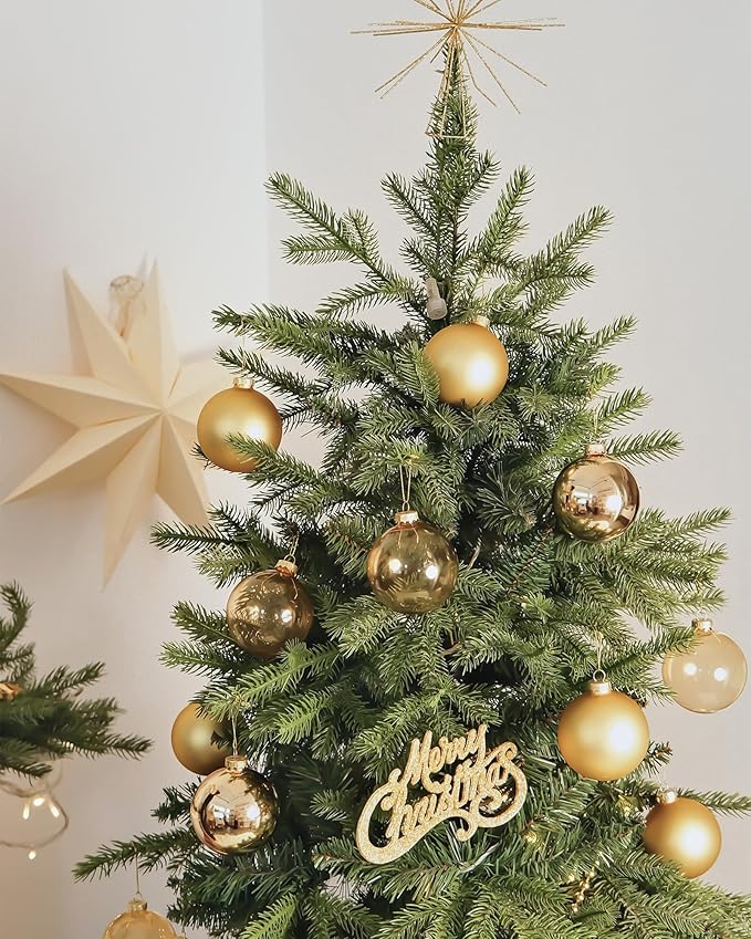 DN DECONATION Gold Glass Christmas Ornaments, Set of 9, 3.15' Hanging Christmas Baubles for Xmas Tree Decoration, Wedding Party Gift